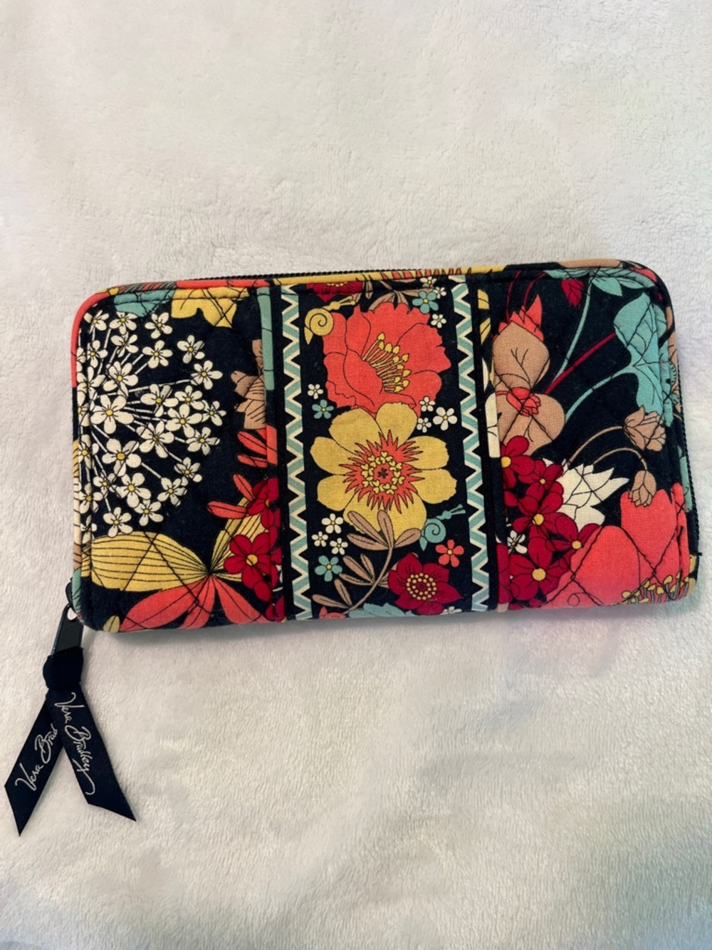 Vera Bradley Black Floral Zip-Around Wallet with Red, Yellow & Teal Accents